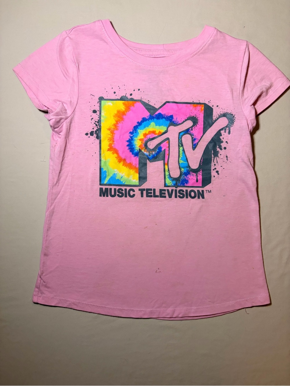 MTV Girls M 7/8 Pink Tie Dye Logo Graphic T Shirt Music Television Short Sleeve